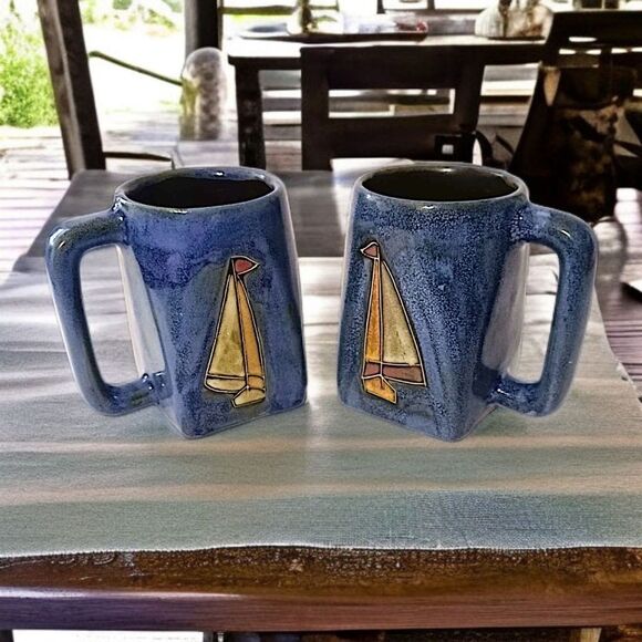 2 Mara Mexico Sailboat Mugs Cups Handmade Pottery Coastal Beach House Nautical - Picture 13 of 16